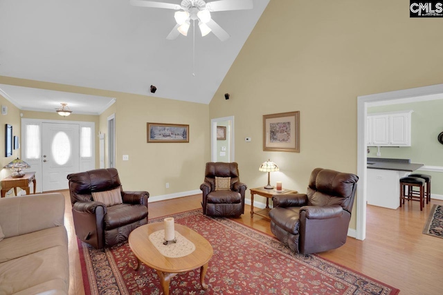 430 Plantation Pointe Dr, Elgin, SC 29045 - living room featuring light wood-style flooring, high vaulted ceiling, and ceiling fan