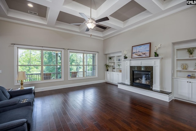 605 Flycatcher Ln, Blythewood, SC 29016 - unfurnished living room with ceiling fan, coffered ceiling, a fireplace, crown molding, and dark wood-style flooring