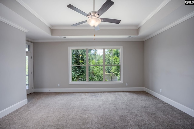 605 Flycatcher Ln, Blythewood, SC 29016 - unfurnished room with a tray ceiling, carpet floors, crown molding, and ceiling fan
