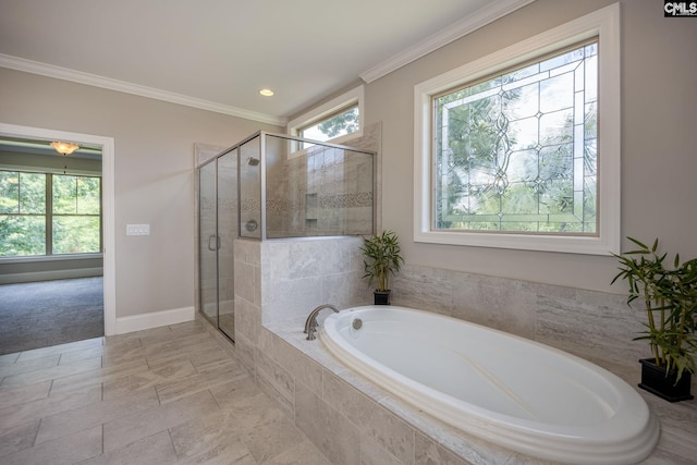 605 Flycatcher Ln, Blythewood, SC 29016 - full bathroom with a garden tub, healthy amount of natural light, a shower stall, crown molding, and recessed lighting