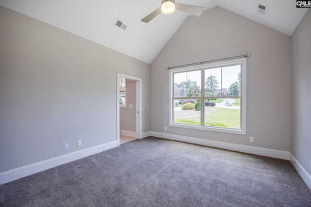 605 Flycatcher Ln, Blythewood, SC 29016 - empty room with a ceiling fan, carpet flooring, and high vaulted ceiling
