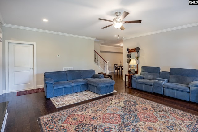 605 Flycatcher Ln, Blythewood, SC 29016 - living area featuring stairs, a ceiling fan, dark wood-style floors, crown molding, and recessed lighting