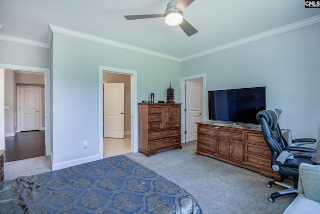 605 Flycatcher Ln, Blythewood, SC 29016 - carpeted bedroom with crown molding, a desk, and a ceiling fan