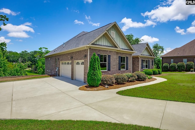 605 Flycatcher Ln, Blythewood, SC 29016 - view of front facade featuring board and batten siding, a front yard, driveway, a garage, and brick siding