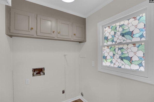 898 Perry Blvd, Sumter, SC 29154 - washroom with cabinet space, hookup for a washing machine, crown molding, and hookup for an electric dryer
