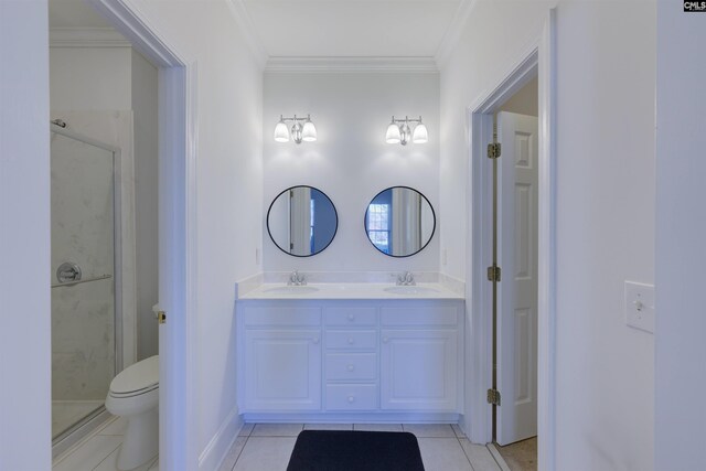 400 Mallet Hill Rd Unit B1, Columbia, SC 29223 - bathroom with tile patterned floors, a shower stall, double vanity, and crown molding
