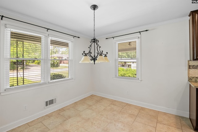 811 Rosedale Rd, West Columbia, SC 29170 - unfurnished dining area featuring ornamental molding, a chandelier, and light tile patterned floors
