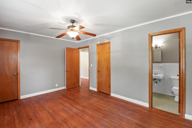 811 Rosedale Rd, West Columbia, SC 29170 - unfurnished bedroom with wood finished floors, ornamental molding, connected bathroom, and ceiling fan