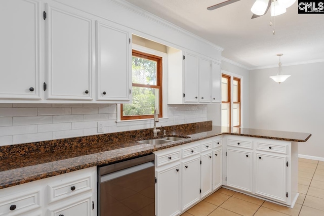 800 Valhalla Dr, Columbia, SC 29229 - kitchen featuring dishwasher, white cabinets, tasteful backsplash, ornamental molding, and a ceiling fan