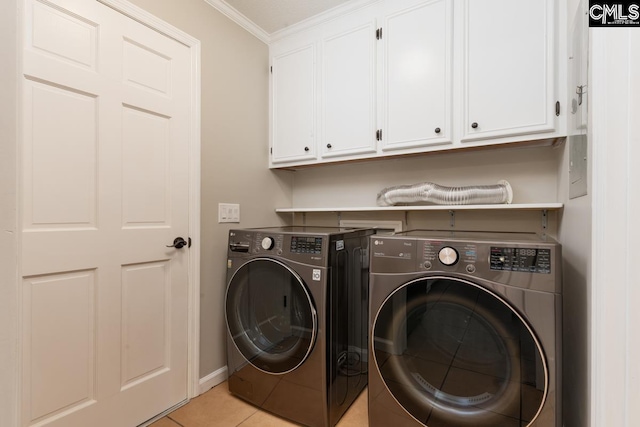 800 Valhalla Dr, Columbia, SC 29229 - laundry area featuring cabinet space, washing machine and dryer, ornamental molding, and light tile patterned floors