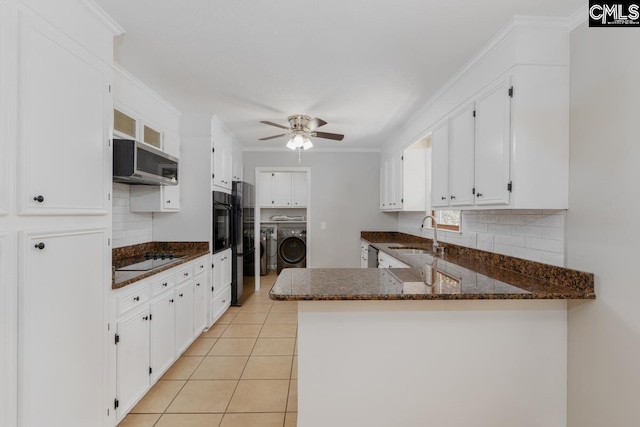 800 Valhalla Dr, Columbia, SC 29229 - kitchen featuring independent washer and dryer, black appliances, ceiling fan, decorative backsplash, and ornamental molding