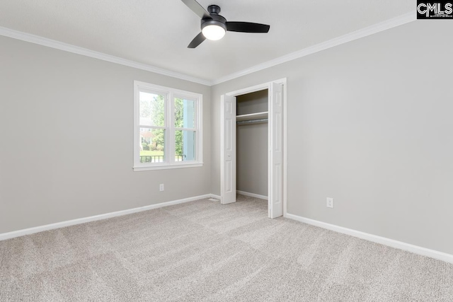 800 Valhalla Dr, Columbia, SC 29229 - unfurnished bedroom featuring crown molding, carpet floors, a closet, and ceiling fan
