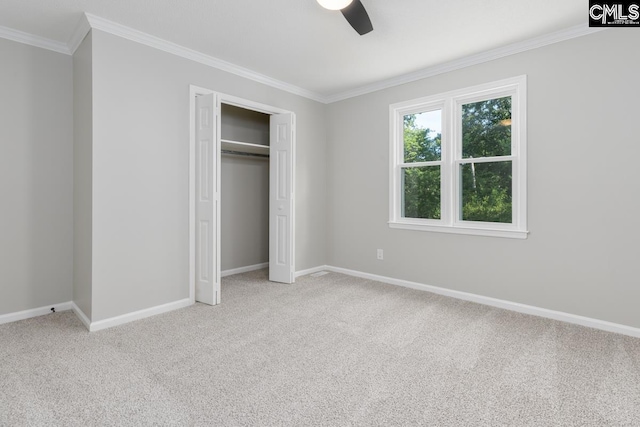 800 Valhalla Dr, Columbia, SC 29229 - unfurnished bedroom featuring ornamental molding, light colored carpet, a closet, and ceiling fan
