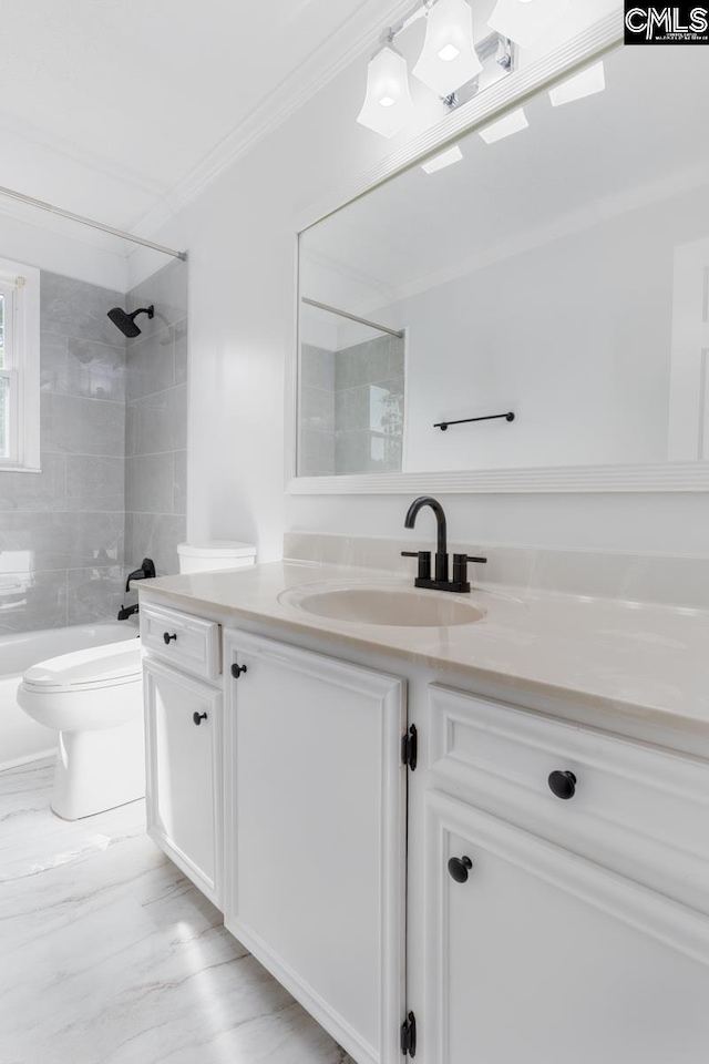 800 Valhalla Dr, Columbia, SC 29229 - full bathroom with vanity, ornamental molding, bathtub / shower combination, and marble finish flooring