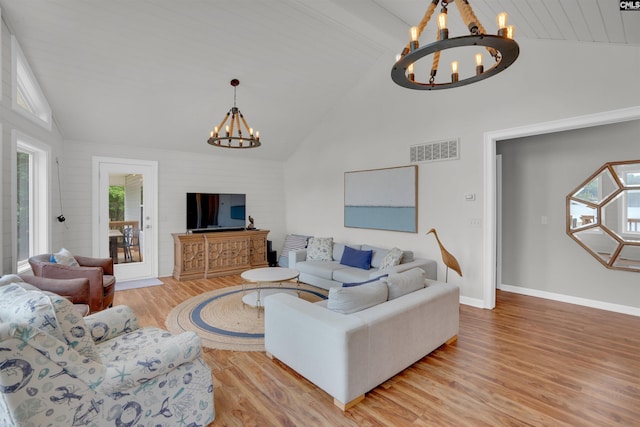116 Laurel Rock Pt, Leesville, SC 29070 - living room featuring a chandelier, light wood-type flooring, and high vaulted ceiling