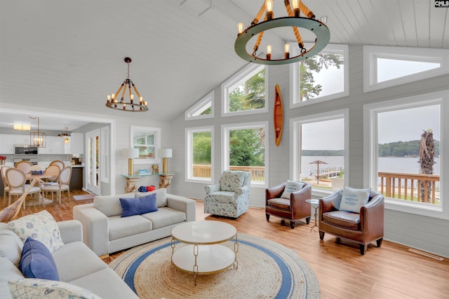116 Laurel Rock Pt, Leesville, SC 29070 - living room featuring a chandelier, light wood-type flooring, a water view, high vaulted ceiling, and wooden ceiling