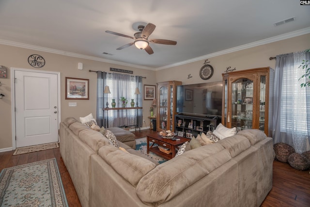 532 Ariel Cir, Lexington, SC 29072 - living room featuring plenty of natural light, dark wood-type flooring, ceiling fan, and ornamental molding