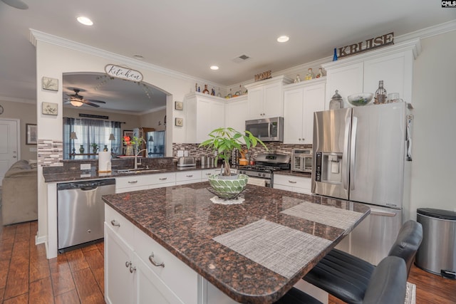 532 Ariel Cir, Lexington, SC 29072 - kitchen featuring stainless steel appliances, a ceiling fan, backsplash, ornamental molding, and dark wood-style floors