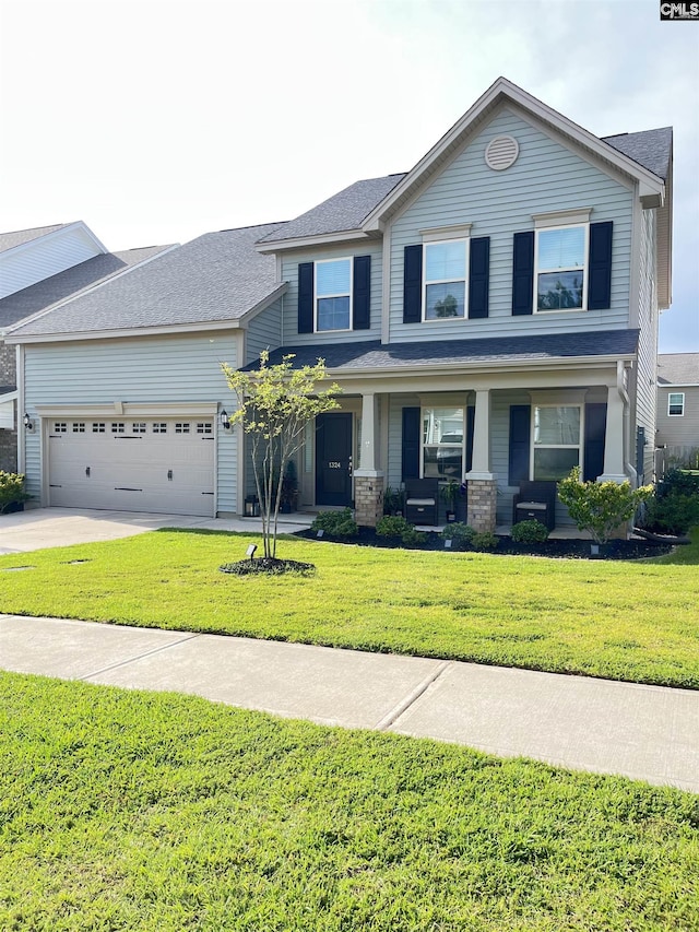 1324 Tamarind Ln, Chapin, SC 29036 - view of front of home with a porch, an attached garage, concrete driveway, a front yard, and a shingled roof