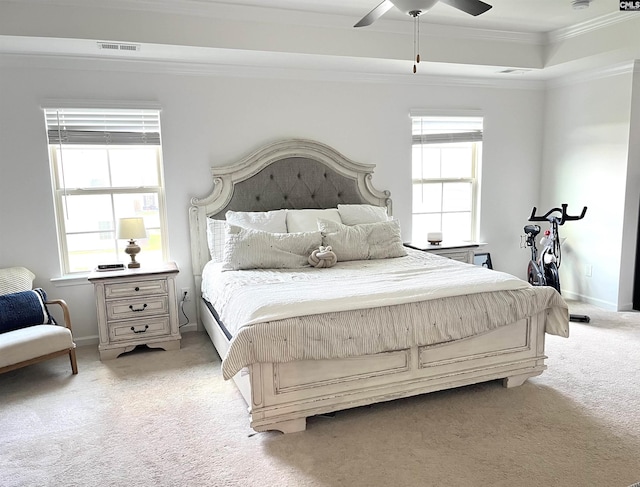 1324 Tamarind Ln, Chapin, SC 29036 - bedroom featuring light carpet, a tray ceiling, ornamental molding, and ceiling fan