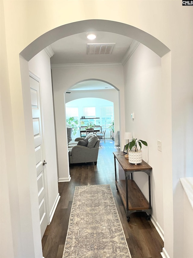 1324 Tamarind Ln, Chapin, SC 29036 - hallway featuring arched walkways, ornamental molding, and dark wood-style flooring