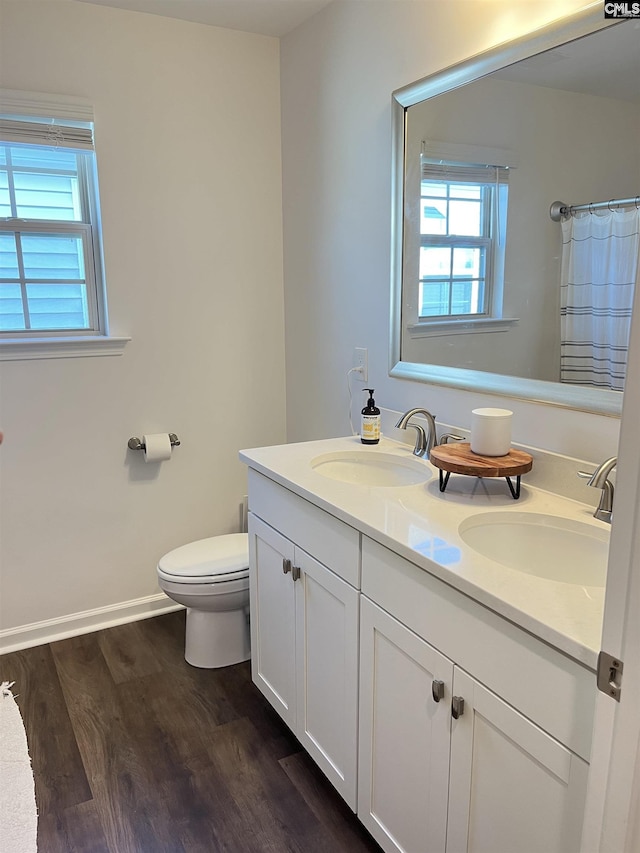 1324 Tamarind Ln, Chapin, SC 29036 - bathroom with double vanity, wood finished floors, and a shower with curtain