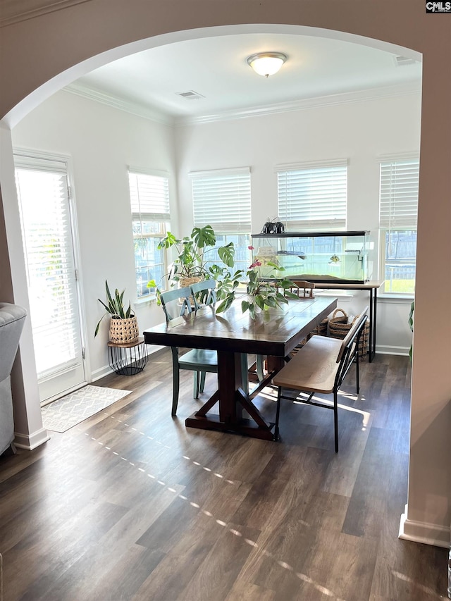 1324 Tamarind Ln, Chapin, SC 29036 - dining room featuring arched walkways, dark wood finished floors, crown molding, and plenty of natural light
