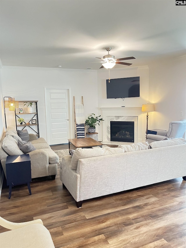 1324 Tamarind Ln, Chapin, SC 29036 - living area with a fireplace, a ceiling fan, wood finished floors, and ornamental molding