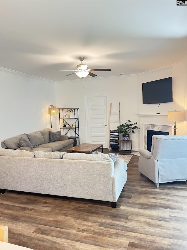 1324 Tamarind Ln, Chapin, SC 29036 - living room with ornamental molding, a ceiling fan, a high end fireplace, and wood finished floors