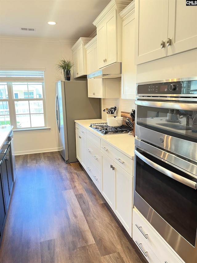1324 Tamarind Ln, Chapin, SC 29036 - kitchen featuring stainless steel appliances, white cabinets, under cabinet range hood, light countertops, and dark wood-type flooring