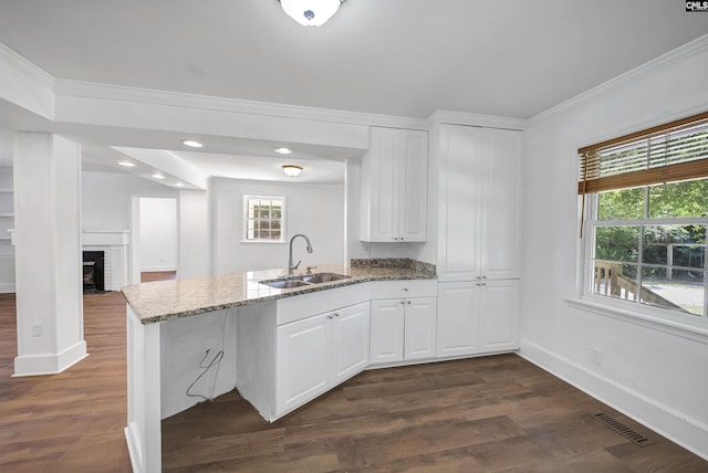 1005 D Ave, West Columbia, SC 29169 - kitchen with crown molding, a peninsula, light stone countertops, dark wood-type flooring, and white cabinetry