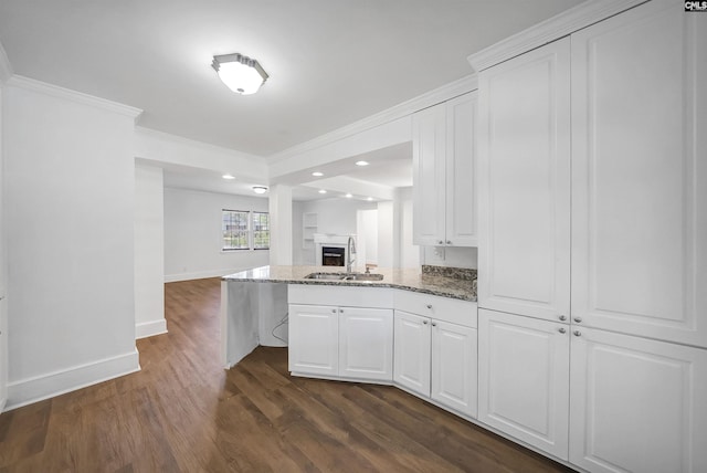 1005 D Ave, West Columbia, SC 29169 - kitchen featuring ornamental molding, dark wood-type flooring, light stone counters, open floor plan, and white cabinets