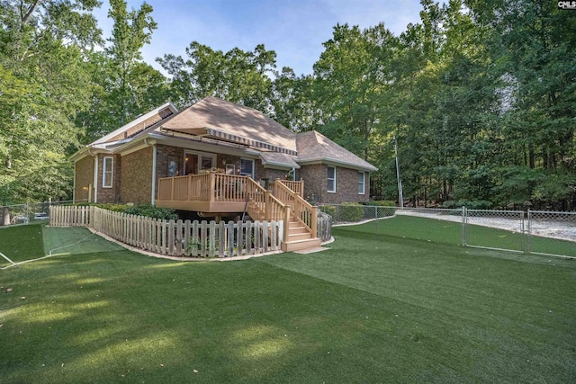 1176 Whippoorwill Rd, Prosperity, SC 29127 - rear view of house featuring brick siding, a fenced backyard, a wooden deck, and stairway