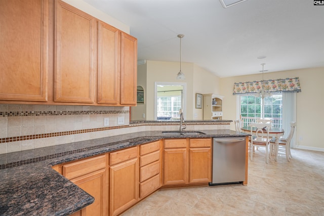 5 Blue Mountain Ct, Irmo, SC 29063 - kitchen with dishwasher, hanging light fixtures, tasteful backsplash, dark stone countertops, and a peninsula