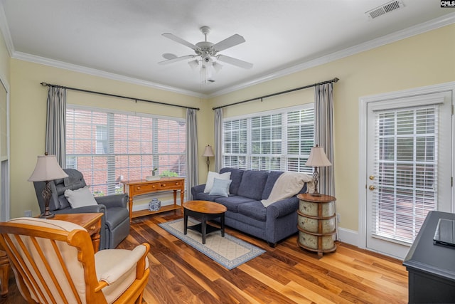 5 Blue Mountain Ct, Irmo, SC 29063 - living room featuring wood finished floors, a ceiling fan, and ornamental molding