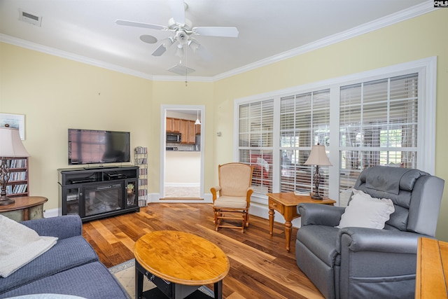5 Blue Mountain Ct, Irmo, SC 29063 - living area featuring ornamental molding, wood finished floors, and ceiling fan