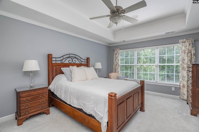 5 Blue Mountain Ct, Irmo, SC 29063 - bedroom with a tray ceiling, light colored carpet, crown molding, and ceiling fan