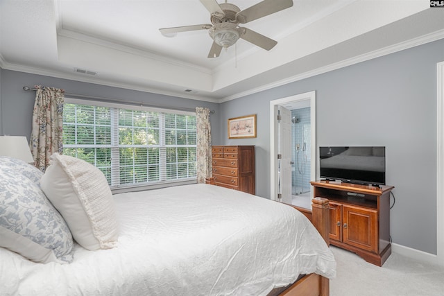 5 Blue Mountain Ct, Irmo, SC 29063 - bedroom featuring a tray ceiling, crown molding, light colored carpet, and a ceiling fan