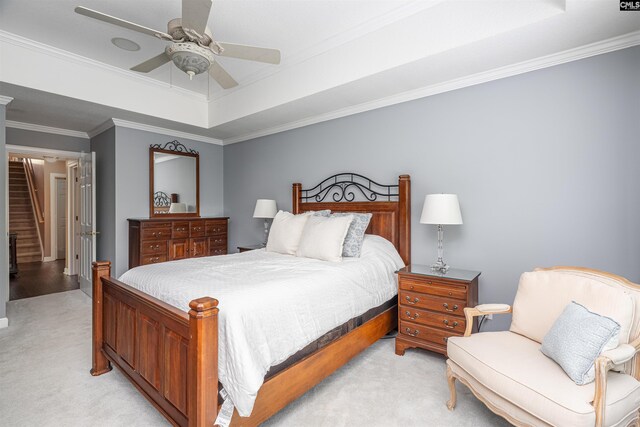 5 Blue Mountain Ct, Irmo, SC 29063 - bedroom featuring light carpet, crown molding, ceiling fan, and a tray ceiling