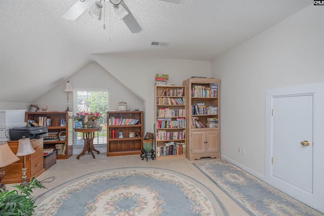 5 Blue Mountain Ct, Irmo, SC 29063 - home office featuring vaulted ceiling, carpet floors, ceiling fan, and a textured ceiling