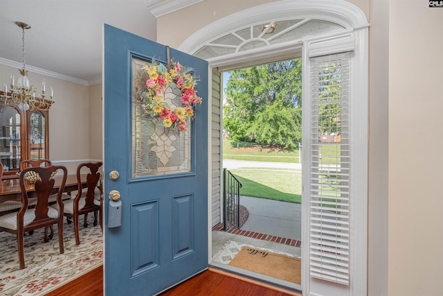 5 Blue Mountain Ct, Irmo, SC 29063 - entryway with wood finished floors, a chandelier, and crown molding