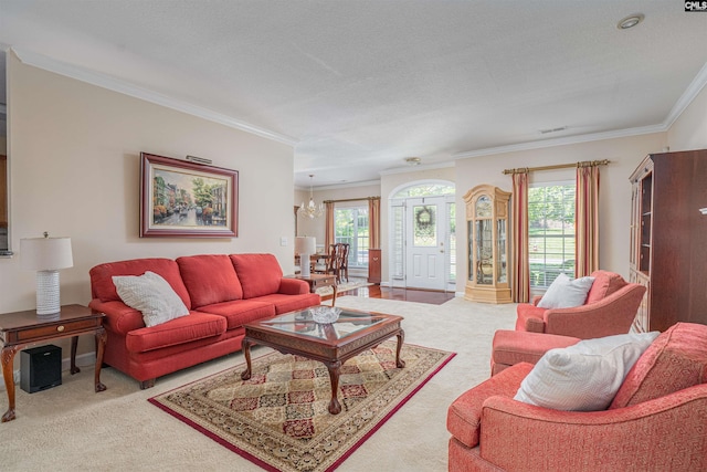 5 Blue Mountain Ct, Irmo, SC 29063 - living area featuring carpet floors, ornamental molding, and a chandelier