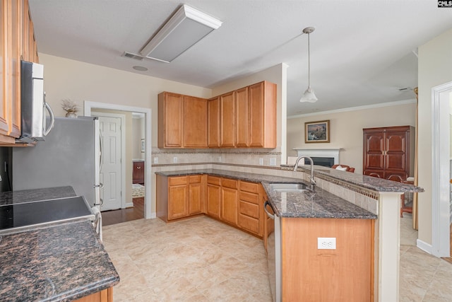 5 Blue Mountain Ct, Irmo, SC 29063 - kitchen featuring stainless steel appliances, a peninsula, a fireplace, dark stone countertops, and ornamental molding