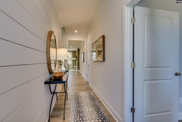 821 Oak Valley Dr, Blythewood, SC 29016 - corridor with ornamental molding and wood finished floors