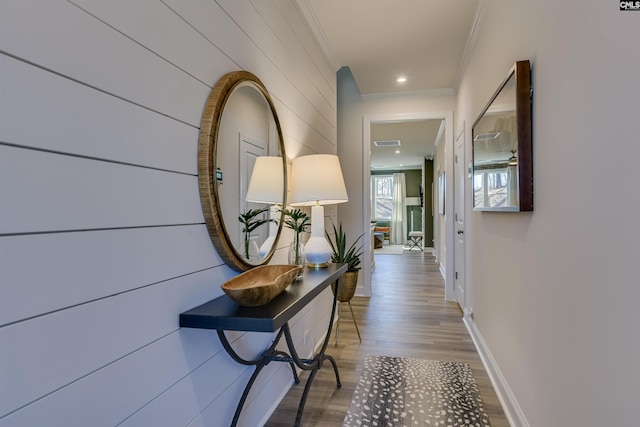821 Oak Valley Dr, Blythewood, SC 29016 - corridor featuring crown molding, wood finished floors, and recessed lighting