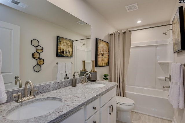 821 Oak Valley Dr, Blythewood, SC 29016 - bathroom featuring shower / bath combination with curtain, double vanity, and recessed lighting
