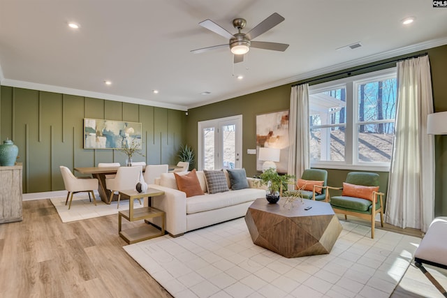 821 Oak Valley Dr, Blythewood, SC 29016 - living area with crown molding, light wood finished floors, recessed lighting, and ceiling fan