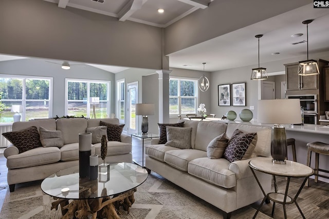 793 Oak Valley Dr, Blythewood, SC 29016 - living area with wood finished floors, beamed ceiling, a chandelier, and recessed lighting