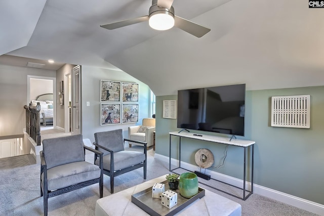 793 Oak Valley Dr, Blythewood, SC 29016 - living area featuring carpet, ceiling fan, and lofted ceiling