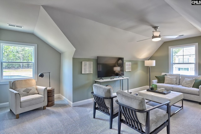 793 Oak Valley Dr, Blythewood, SC 29016 - living area featuring lofted ceiling, ceiling fan, and light carpet